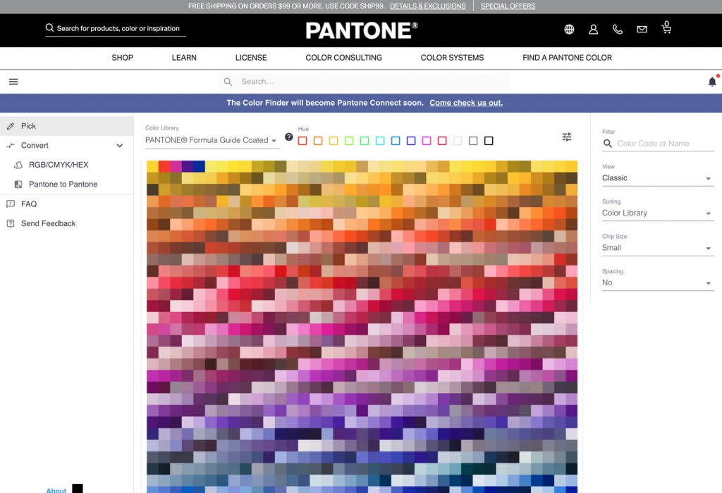 Pantone官方網站查找色票頁面