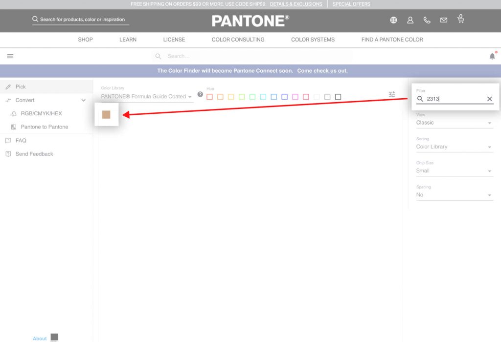 Pantone官方網站輸入色碼找色票